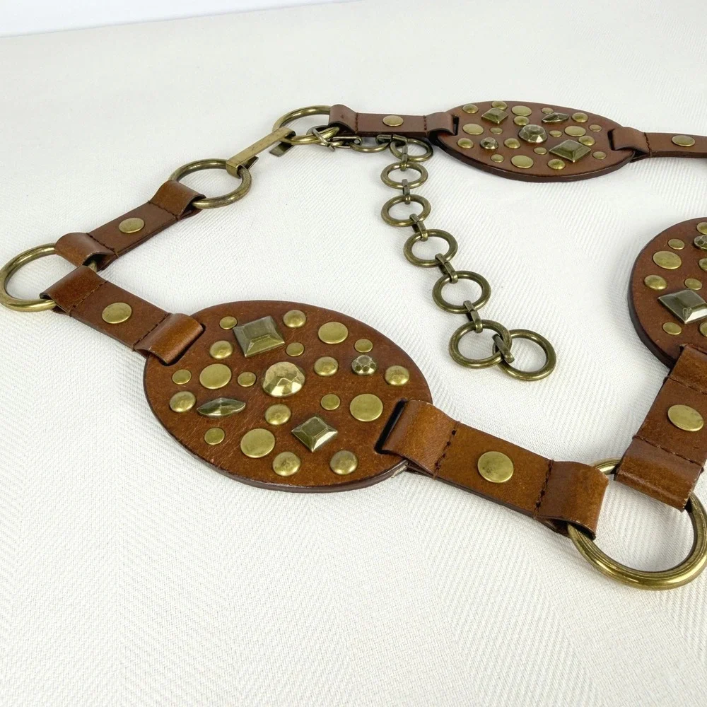 Boho Fossil Brown Leather Studded Chain Belt Vintage Brass Hardware O-Ring Large